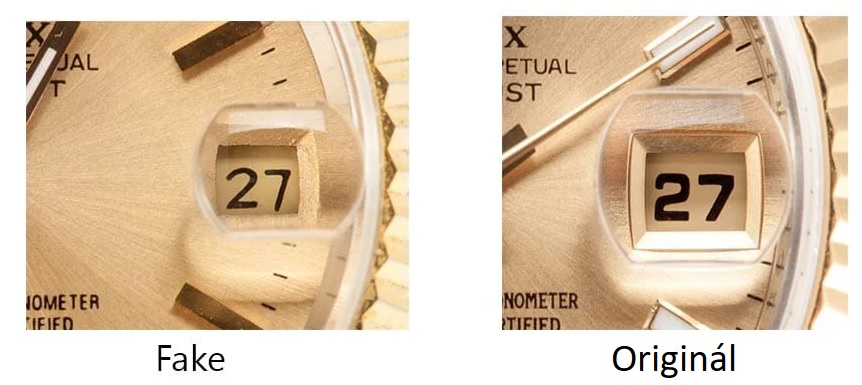 Rozdíl v zobrazení datumu u neoriginálních a originálních Rolexek
